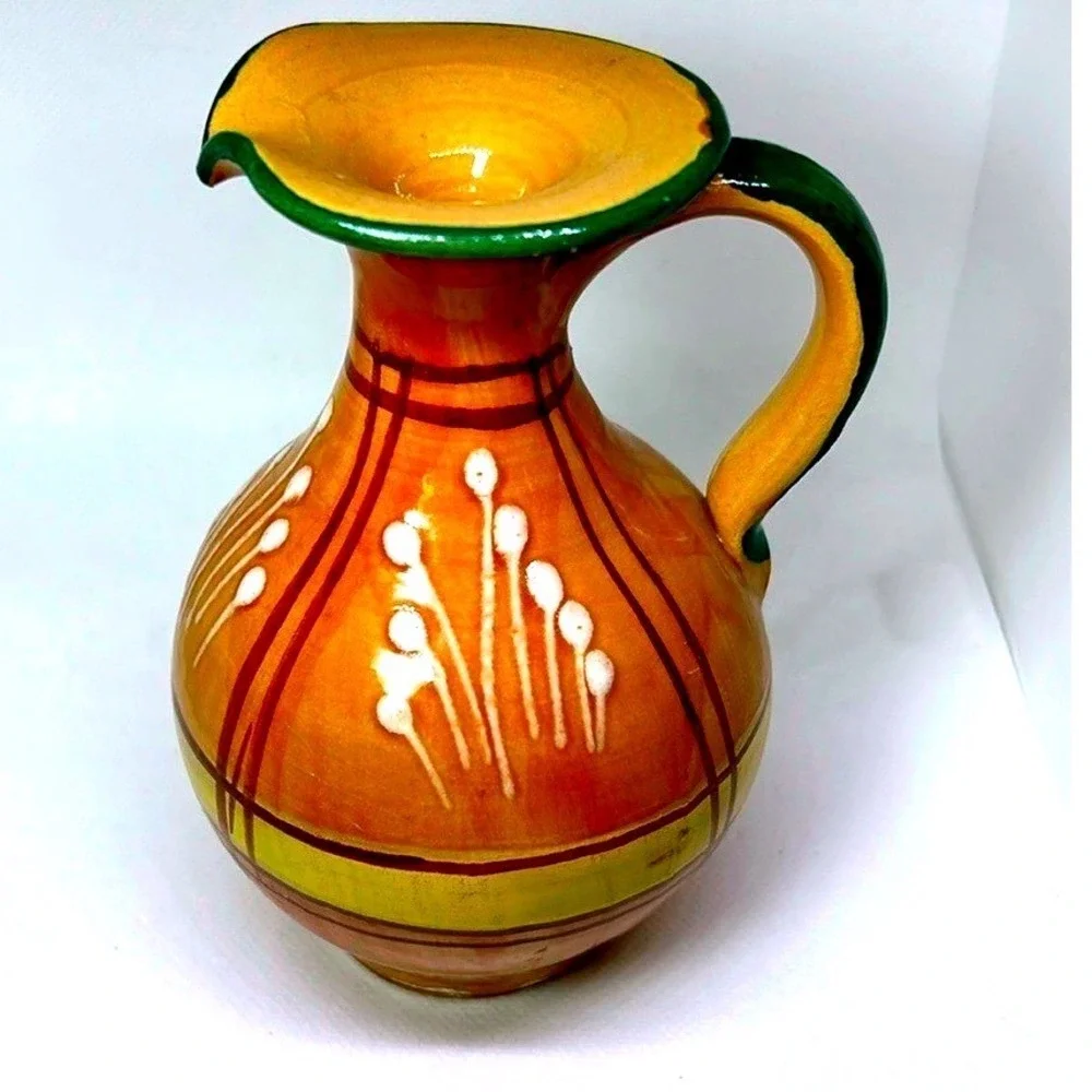 Hand Painted Ceramic‎ Pitcher Vase Rustic Farmhouse Decor Small Jug Tan 5.5